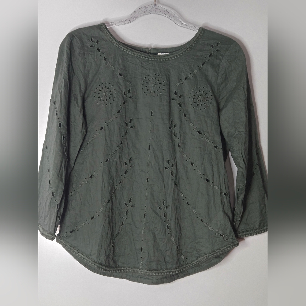 GAP Olive Green Women's Blouse with Eyelet Design